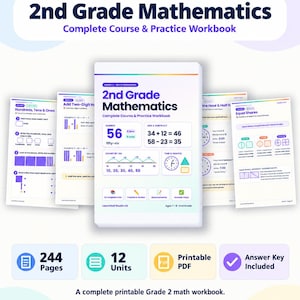 May include: A 2nd Grade Mathematics Complete Course & Practice Workbook featuring 244 pages, 12 units, and a printable PDF format with an answer key. The cover displays maths problems, number lines, and shapes, with LearnWell Studio US branding.