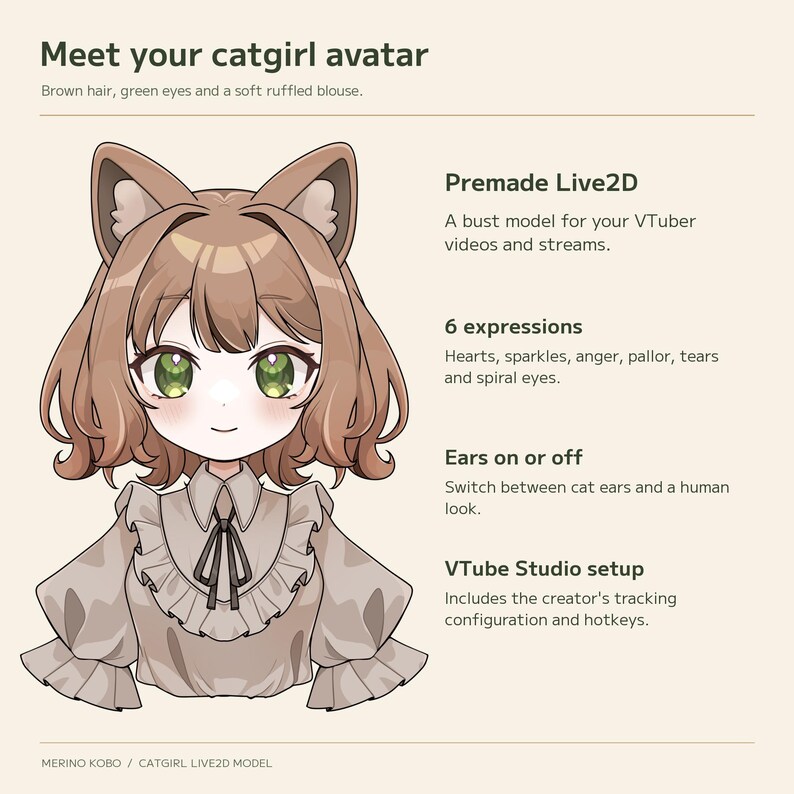Catgirl model overview showing six expressions, optional cat ears and included VTube Studio configuration.