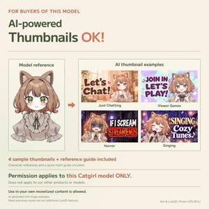Catgirl character reference beside four AI-generated YouTube thumbnail examples: heart-eyed chatting, smiling viewer games, frightened horror and eyes-closed singing. English text states AI thumbnail creation is allowed for buyers of this Catgirl model only, with sample images and a reference guide included.