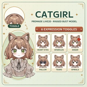 Brown-haired catgirl Live2D VTuber bust model with green eyes, six facial expression examples, and a circular close-up showing the cat ears switched off. Premade rigged avatar with an independent ear toggle.