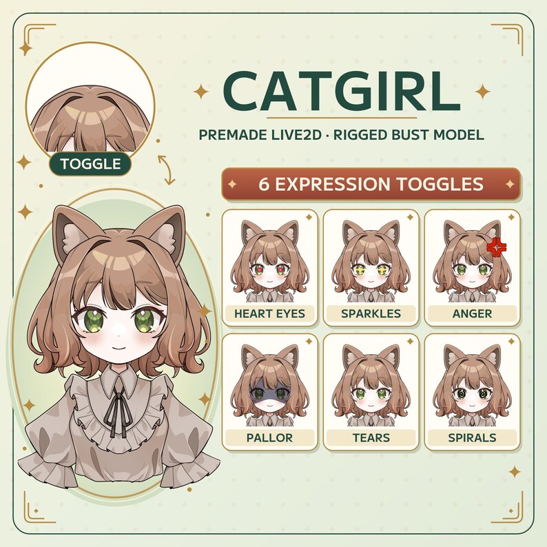 Brown-haired catgirl Live2D VTuber bust model with green eyes, six facial expression examples, and a circular close-up showing the cat ears switched off. Premade rigged avatar with an independent ear toggle.