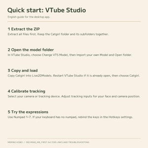 English quick-start guide for extracting the ZIP, importing Catgirl into desktop VTube Studio and calibrating tracking.