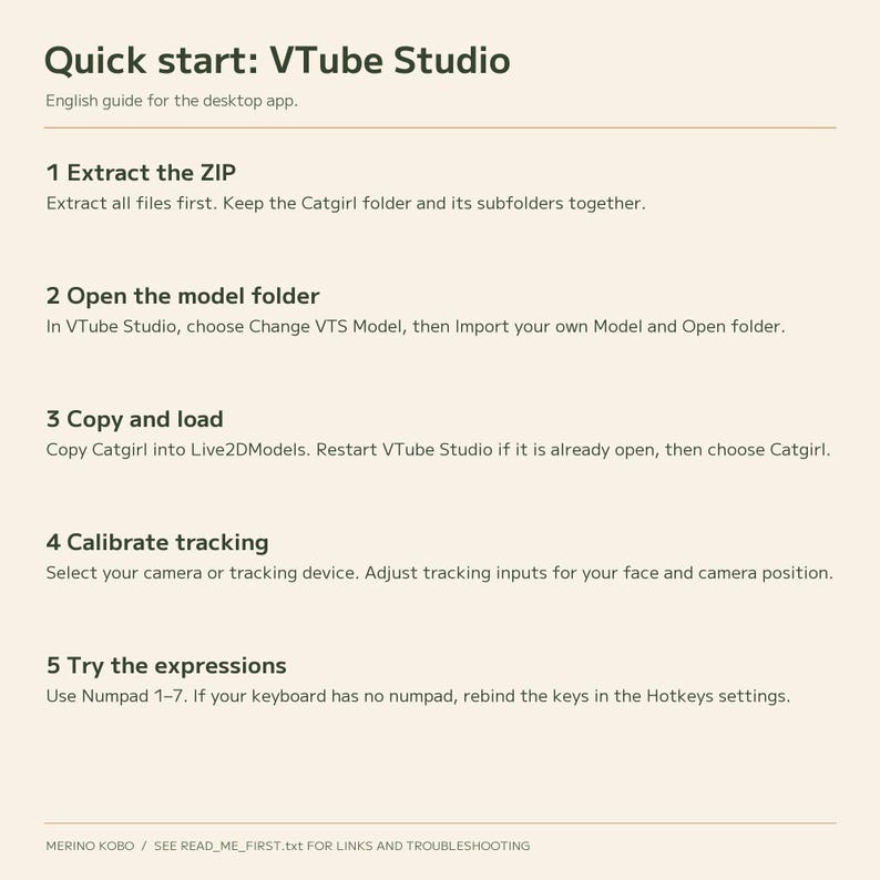 English quick-start guide for extracting the ZIP, importing Catgirl into desktop VTube Studio and calibrating tracking.