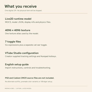 Included files: Live2D runtime model, 4096 by 4096 texture atlas, seven toggle files, VTube Studio configuration and an English setup guide.