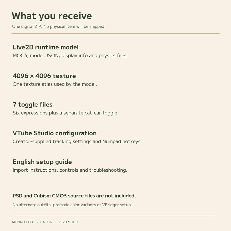 Included files: Live2D runtime model, 4096 by 4096 texture atlas, seven toggle files, VTube Studio configuration and an English setup guide.