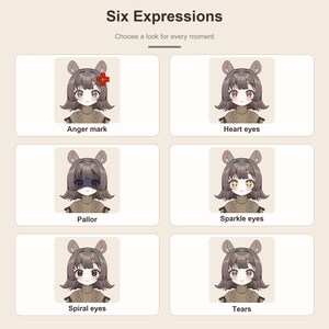 Six expressions: anger mark, heart eyes, pallor, sparkle eyes, spiral eyes and tears.