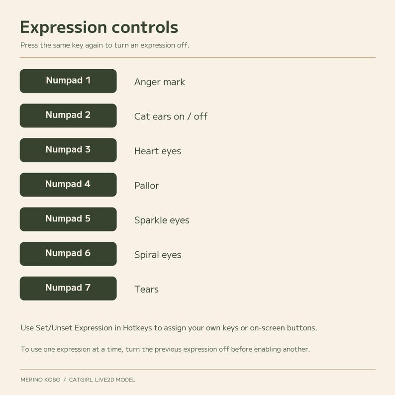 English expression controls for Numpad keys 1 to 7, with instructions for reassigning hotkeys.