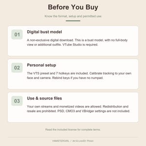 Non-exclusive model, permitted own-avatar monetization, and files and hardware not included.