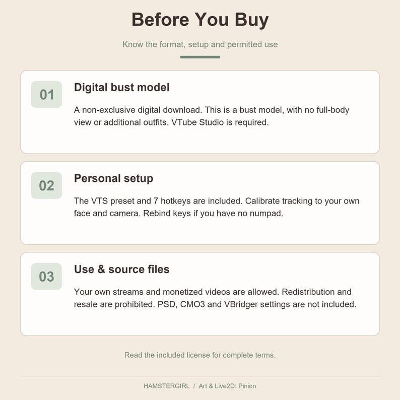 Non-exclusive model, permitted own-avatar monetization, and files and hardware not included.