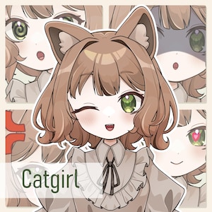Brown-haired, green-eyed catgirl avatar with cat ears and a ruffled blouse, winking and smiling in front of four close-up expression panels showing spiral eyes, pallor, an anger mark and heart eyes. The lower-left label reads Catgirl.