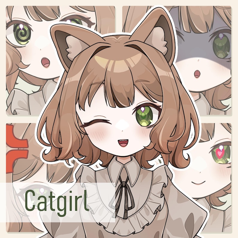 Brown-haired, green-eyed catgirl avatar with cat ears and a ruffled blouse, winking and smiling in front of four close-up expression panels showing spiral eyes, pallor, an anger mark and heart eyes. The lower-left label reads Catgirl.