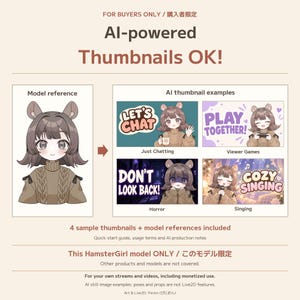 Buyer-only AI thumbnail guide for this HamsterGirl model only. Original model reference at left; four AI still examples at right for chatting, viewer games, horror and singing. The poses and props are not Live2D features.
