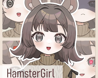May include: A digital illustration of a character with brown hair, hamster ears, and a brown cable-knit turtleneck sweater. The character is shown in a central portrait surrounded by four smaller facial expressions. The text HamsterGirl is visible.