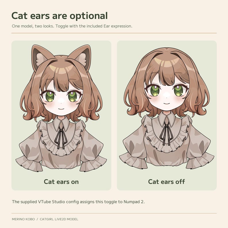 The same Catgirl model with cat ears enabled and disabled, using the separate ear expression toggle.