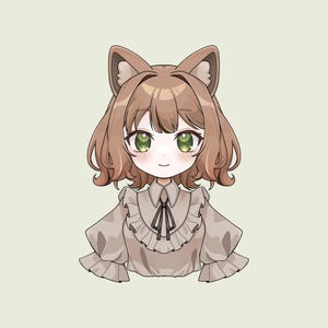 Actual render of a brown-haired catgirl Live2D bust model with green eyes, cat ears and a light ruffled blouse on a plain sage background.