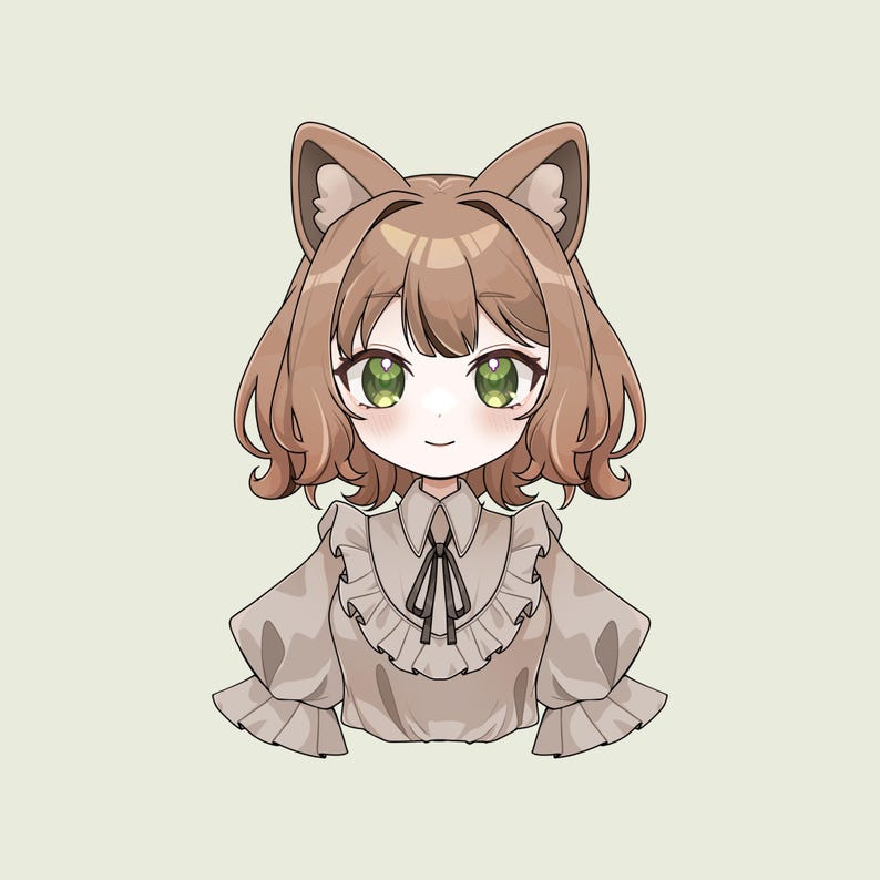 Actual render of a brown-haired catgirl Live2D bust model with green eyes, cat ears and a light ruffled blouse on a plain sage background.