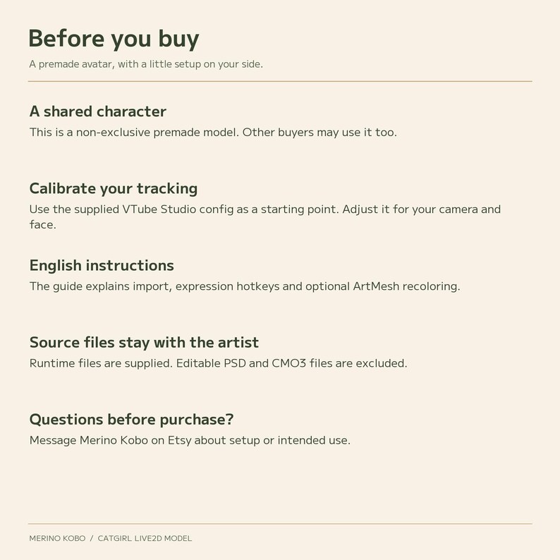 Before-purchase notes explaining the non-exclusive model, tracking calibration, English guide and excluded editable source files.
