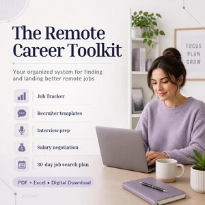 Op de afbeelding: Een digitale productafbeelding met de titel The Remote Career Toolkit, met een lijst van bronnen waaronder een jobtracker, recruiter-sjablonen, interviewvoorbereiding, salarisonderhandeling en een 30-dagen zoekplan, beschikbaar als PDF en Excel.