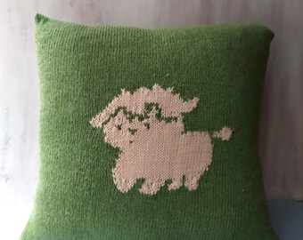 Cute Farm Animal Hand-knitted Throw Pillow,Sheep Cushion Cover in Green and Beige,Baby Shower Gift,Hand-knitted Pillowcase,Kids Room Decor