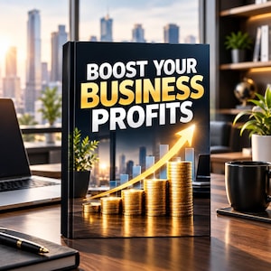 May include: A hardcover book titled BOOST YOUR BUSINESS PROFITS with a cover graphic showing stacks of gold coins, a rising yellow arrow, and a bar chart against a city skyline background. The book is positioned on a wooden desk surface.