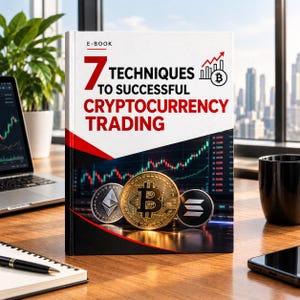 Può includere: Un libro intitolato 7 Techniques to Successful Cryptocurrency Trading con copertina bianca, testo rosso, un'icona Bitcoin e un grafico di tre monete di criptovaluta dorate e argentate su sfondo scuro con una linea di tendenza rossa.