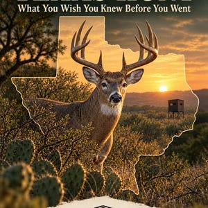 May include: A book cover titled YOUR FIRST TEXAS HUNT What You Wish You Knew Before You Went, featuring a white-tailed deer with antlers in front of a Texas-shaped cutout showing a sunset landscape with a hunting blind, cacti, and 4E OUTFITTERS logo.