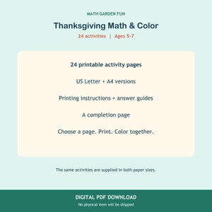 Puede incluir: Un listado de producto digital titulado MATH GARDEN FUN Thanksgiving Math & Color con 24 actividades para edades de 5 a 7 a&ntilde;os. Incluye 24 p&aacute;ginas de actividades imprimibles en tama&ntilde;os US Letter y A4, instrucciones de impresi&oacute;n y gu&iacute;as.