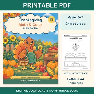 Thanksgiving Math & Color printable PDF for ages 5-7: colorful cover beside an actual black-and-white worksheet. 24 activities, Letter and A4. Digital download; no physical book.
