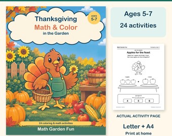 Atividades imprimíveis de matemática e colorir para o Dia de Ação de Graças, para crianças de 5 a 7 anos (PDF)