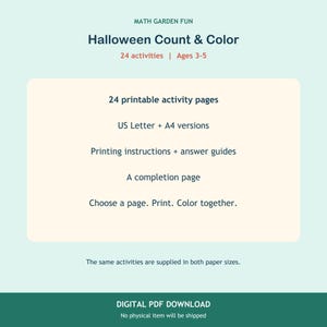 K&ouml;nnte beinhalten: Ein digitaler PDF-Download mit dem Titel MATH GARDEN FUN Halloween Count & Color mit 24 Aktivit&auml;ten f&uuml;r 3- bis 5-J&auml;hrige. Enth&auml;lt 24 druckbare Aktivit&auml;tsseiten in US Letter- und A4-Gr&ouml;&szlig;e, Druckanleitungen, L&ouml;sungsbl&auml;tter und eine Abschlussseite.