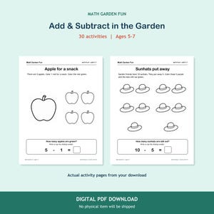 Pode incluir: Duas folhas de atividades matem&aacute;ticas educativas brancas intituladas Math Garden Fun, Add & Subtract in the Garden. Uma p&aacute;gina apresenta ilustra&ccedil;&otilde;es de ma&ccedil;&atilde;s com o problema 5 - 1, e a outra mostra chap&eacute;us com o problema 10 - 5.