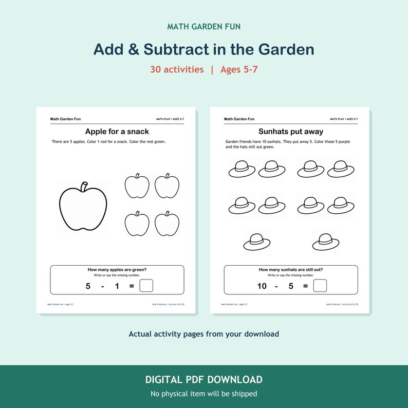 Pode incluir: Duas folhas de atividades matem&aacute;ticas educativas brancas intituladas Math Garden Fun, Add & Subtract in the Garden. Uma p&aacute;gina apresenta ilustra&ccedil;&otilde;es de ma&ccedil;&atilde;s com o problema 5 - 1, e a outra mostra chap&eacute;us com o problema 10 - 5.