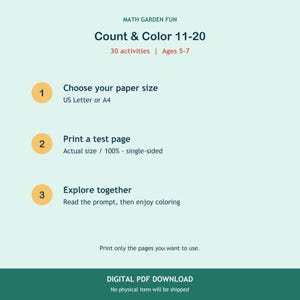 May include: A digital instructional graphic titled MATH GARDEN FUN Count & Color 11-20 with 30 activities for ages 5-7. It lists three steps: 1. Choose your paper size US Letter or A4, 2. Print a test page at 100%, 3. Explore together by reading and coloring.