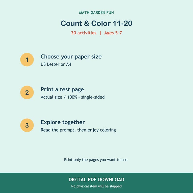 May include: A digital instructional graphic titled MATH GARDEN FUN Count & Color 11-20 with 30 activities for ages 5-7. It lists three steps: 1. Choose your paper size US Letter or A4, 2. Print a test page at 100%, 3. Explore together by reading and coloring.