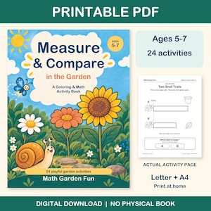 Measure & Compare in the Garden printable PDF for ages 5-7: colorful cover beside an actual black-and-white worksheet. 24 activities, Letter and A4. Digital download; no physical book.
