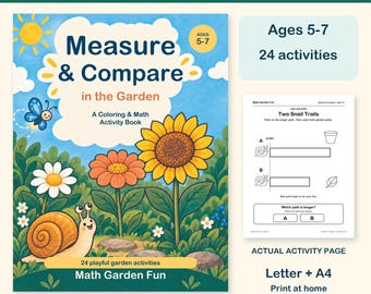 Actividades imprimibles para medir y comparar en el jardín, para niños de 5 a 7 años (PDF)