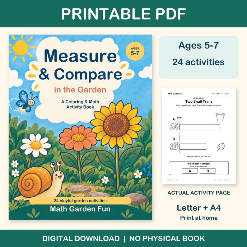 Measure & Compare in the Garden printable PDF for ages 5-7: colorful cover beside an actual black-and-white worksheet. 24 activities, Letter and A4. Digital download; no physical book.