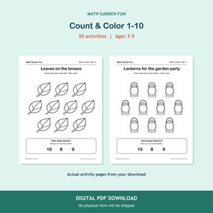 May include: Two white activity pages titled Math Garden Fun Count & Colour 1-10. The left page features leaves with the text Leaves on the breeze. The right page features lanterns with the text Lanterns for the garden party. Both pages include counting tasks and numbers 8, 9, and 10.