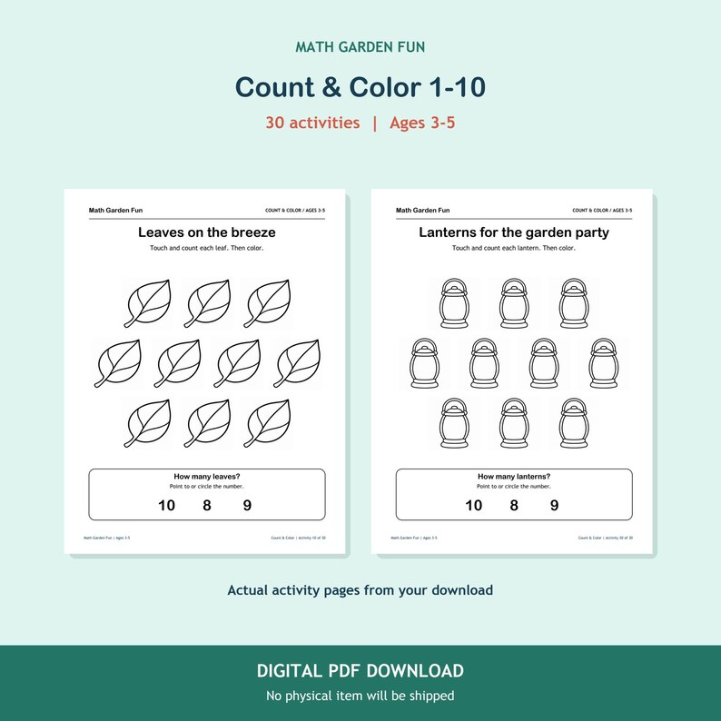 May include: Two white activity pages titled Math Garden Fun Count & Colour 1-10. The left page features leaves with the text Leaves on the breeze. The right page features lanterns with the text Lanterns for the garden party. Both pages include counting tasks and numbers 8, 9, and 10.