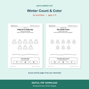 May include: Two white activity pages titled Math Garden Fun Winter Count & Color. The left page features Hats for a chilly day with eight hat outlines and a counting question. The right page shows Six winter trees with eight tree outlines.