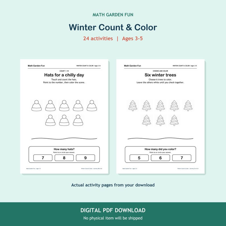 May include: Two white activity pages titled Math Garden Fun Winter Count & Color. The left page features Hats for a chilly day with eight hat outlines and a counting question. The right page shows Six winter trees with eight tree outlines.