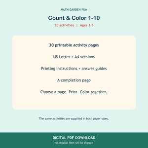 May include: A digital activity set titled MATH GARDEN FUN Count & Colour 1-10 for ages 3-5. It includes 30 printable activity pages, US Letter and A4 versions, printing instructions, answer guides, and a completion page for colouring activities.