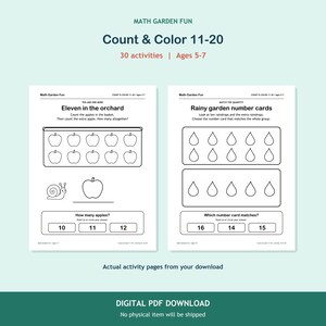 Count & Color 11-20, 30 printable activities for ages 5-7. Two actual activity pages. Digital PDF download; no physical item.