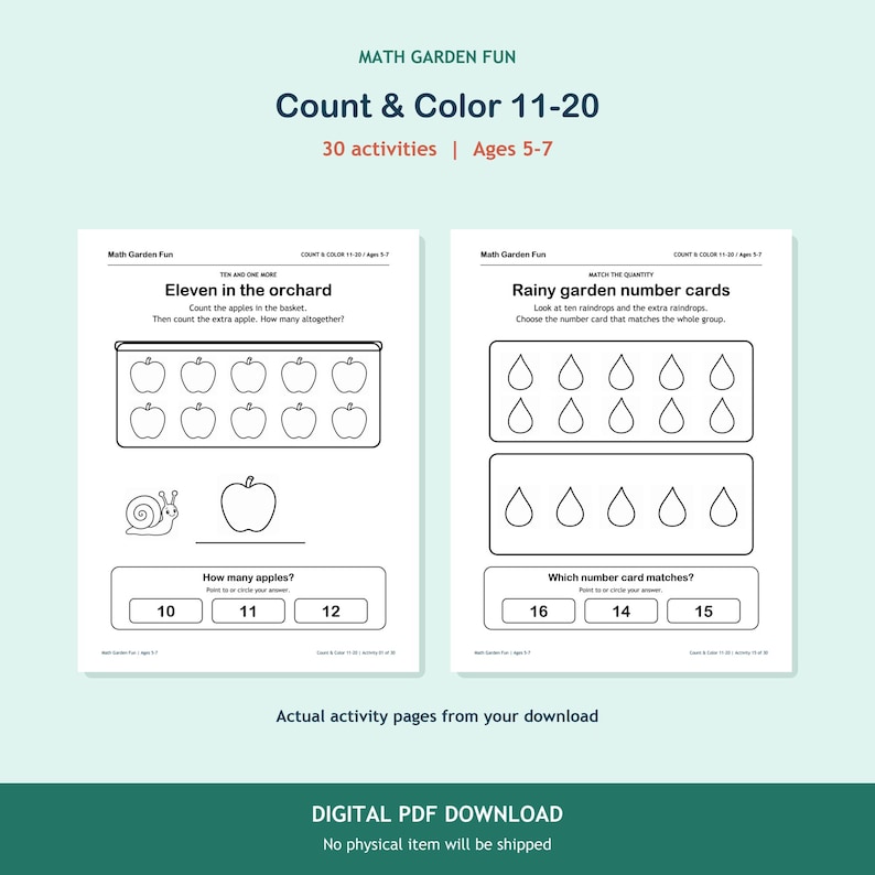 Count & Color 11-20, 30 printable activities for ages 5-7. Two actual activity pages. Digital PDF download; no physical item.