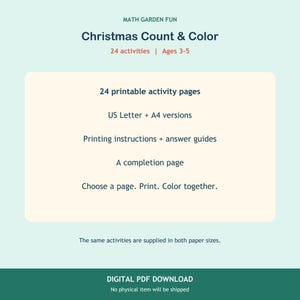 Puede incluir: Una descarga digital en PDF titulada MATH GARDEN FUN Christmas Count & Color con 24 actividades para edades de 3 a 5 a&ntilde;os. Incluye 24 p&aacute;ginas de actividades imprimibles en tama&ntilde;os US Letter y A4, instrucciones de impresi&oacute;n y gu&iacute;as de respuestas.