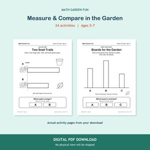 Measure & Compare in the Garden, 24 printable activities for ages 5-7. Two actual activity pages. Digital PDF download; no physical item.