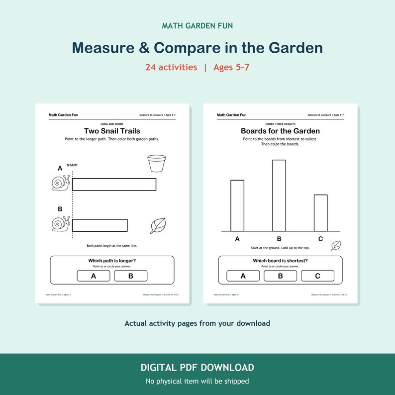 Measure & Compare in the Garden, 24 printable activities for ages 5-7. Two actual activity pages. Digital PDF download; no physical item.