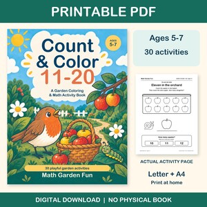 Count & Color 11-20 printable PDF for ages 5-7: colorful cover beside an actual black-and-white worksheet. 30 activities, Letter and A4. Digital download; no physical book.