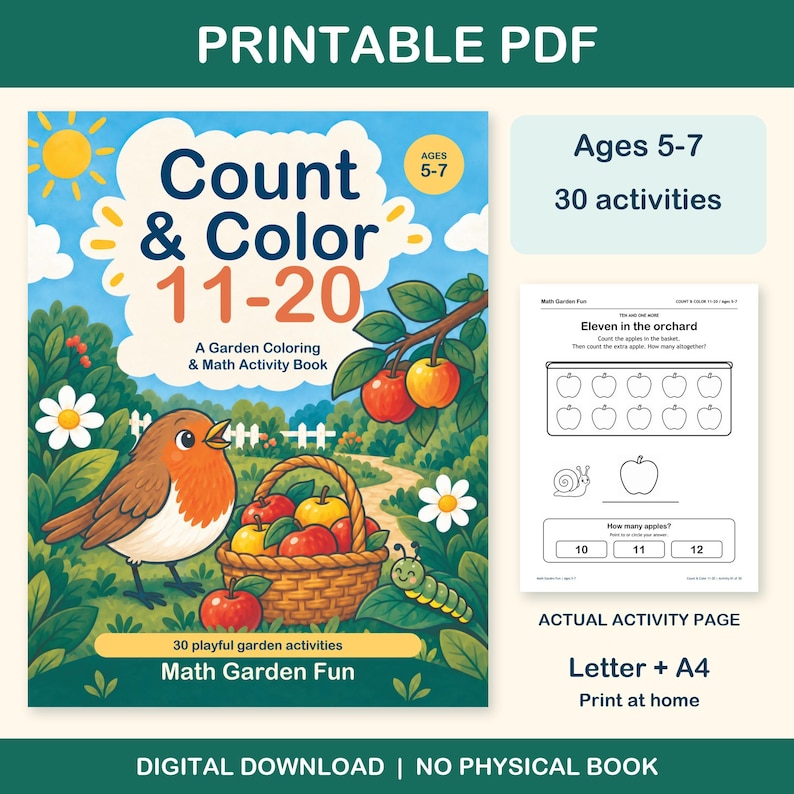 Count & Color 11-20 printable PDF for ages 5-7: colorful cover beside an actual black-and-white worksheet. 30 activities, Letter and A4. Digital download; no physical book.