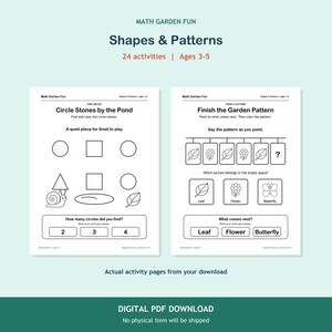 Shapes & Patterns, 24 printable activities for ages 3-5. Two actual activity pages on an aqua background. Digital PDF download; no physical item.